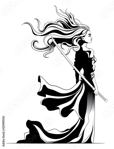 girl samurai standing with sword in hand, a strong wind ruffling