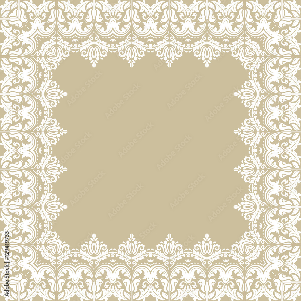 Classic square frame with arabesques and orient elements. Abstract fine ornament with place for text. Golden and white pattern Classic square frame with arabesques and orient elements. Abstract fine ornament with place for text. Golden and white pattern