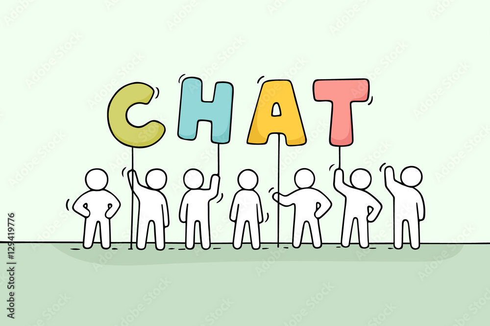 Cartoon working little people with word Chat. Cartoon working little people with word Chat.
