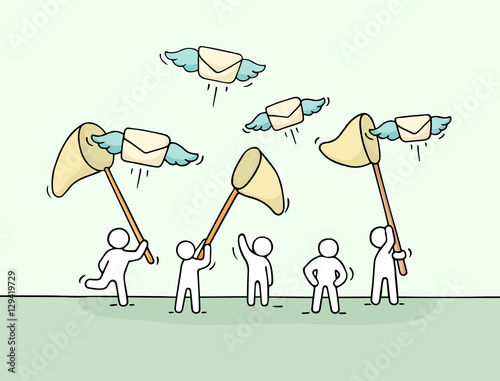 Sketch of working little people with flying letters.