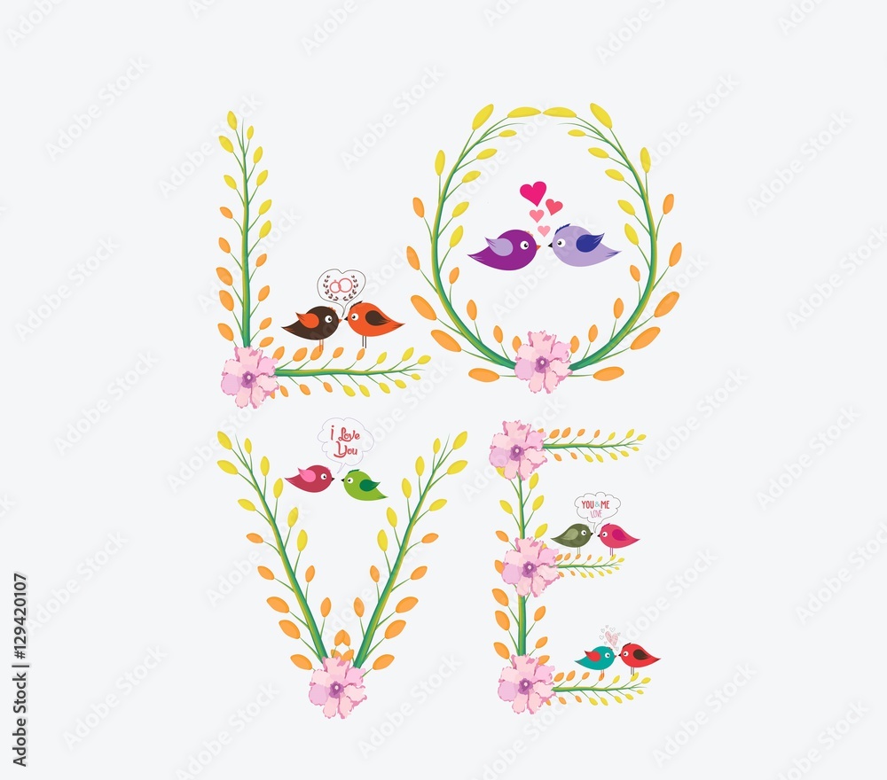 Valentines Day romantic card with floral and bird Valentines Day romantic card with floral and bird