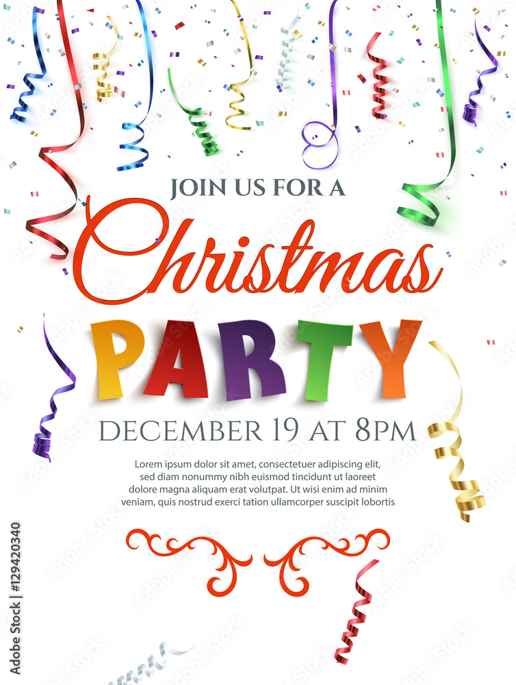 Christmas party poster with confetti and ribbons.