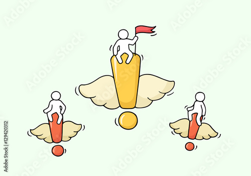Sketch of flying exclamation points with little workers.