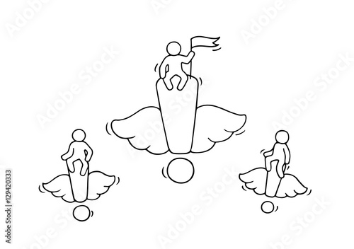 Sketch of flying exclamation points with little workers.