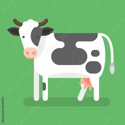 Vector flat style illustration of cow. Isolated on green background.