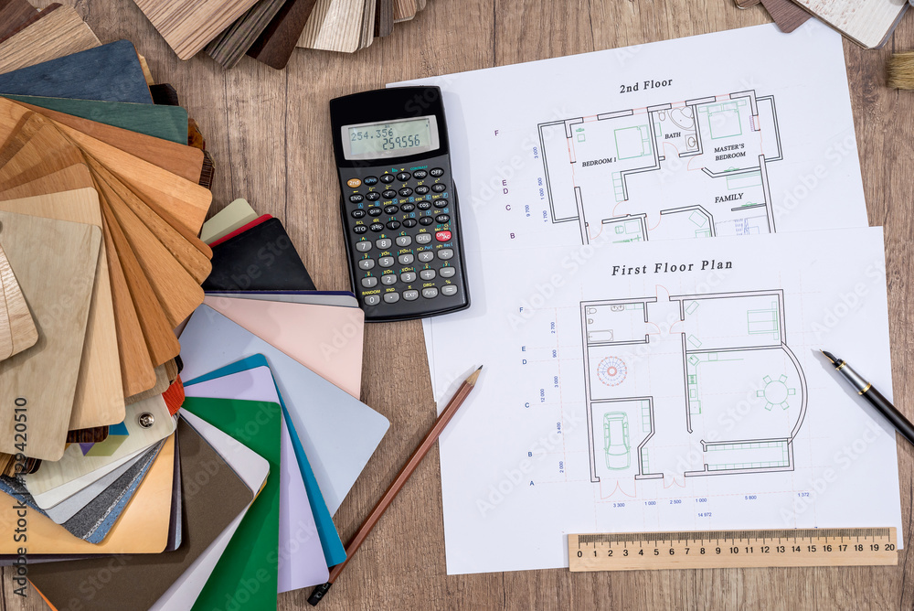 Fototapeta premium house plan with a choice of wooden on desk.
