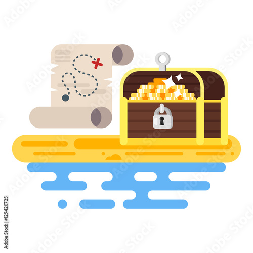 Vector flat style illustration of treasure chest and map. 