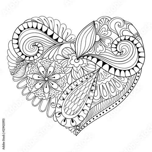 Artistic floral doodle heart in zentangle style for adult colori