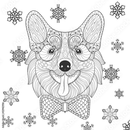 Vector Corgi with bow tie in zentangle, doodle style. Sketch for