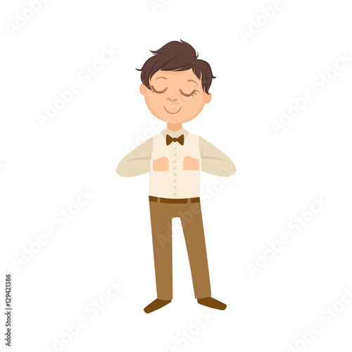 Boy In Brown Trousers And Bow Tie Happy Schoolkid In School Uniform Standing And Smiling Cartoon Character
