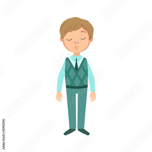 Boy In Blue Pants And Vest Happy Schoolkid In School Uniform Standing And Smiling Cartoon Character