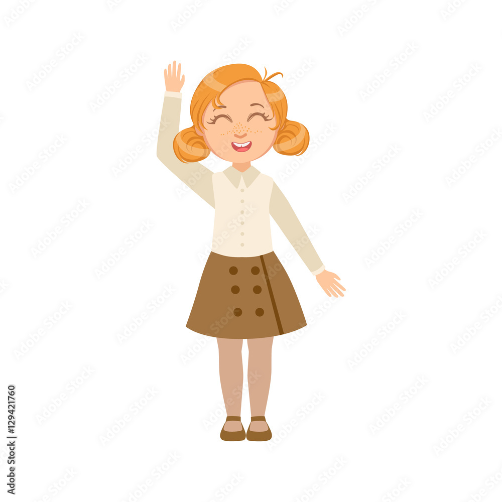Girl In Brown Skirt And Vest Happy Schoolkid In School Uniform Standing And Smiling Cartoon Character Girl In Brown Skirt And Vest Happy Schoolkid In School Uniform Standing And Smiling Cartoon Character