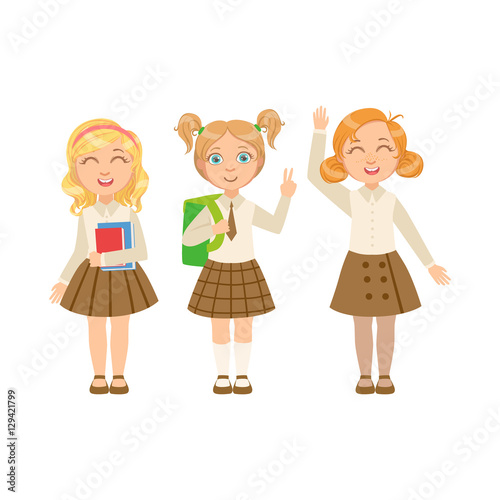 Girls In Brown Skirts Happy Schoolkids In Similar Collection School Uniforms Standing And Smiling Cartoon Character