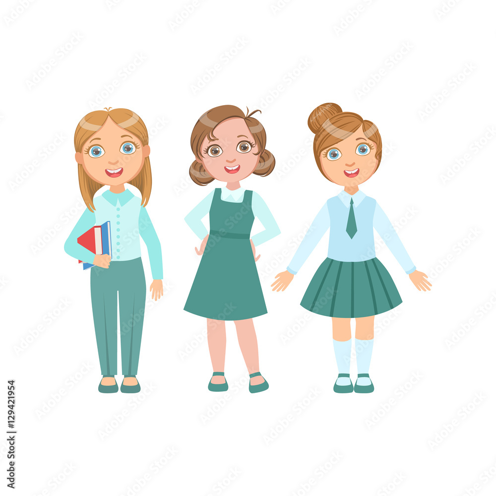 Girls In Blue Outfits Happy Schoolkids In Similar Collection School Uniforms Standing And Smiling Cartoon Character