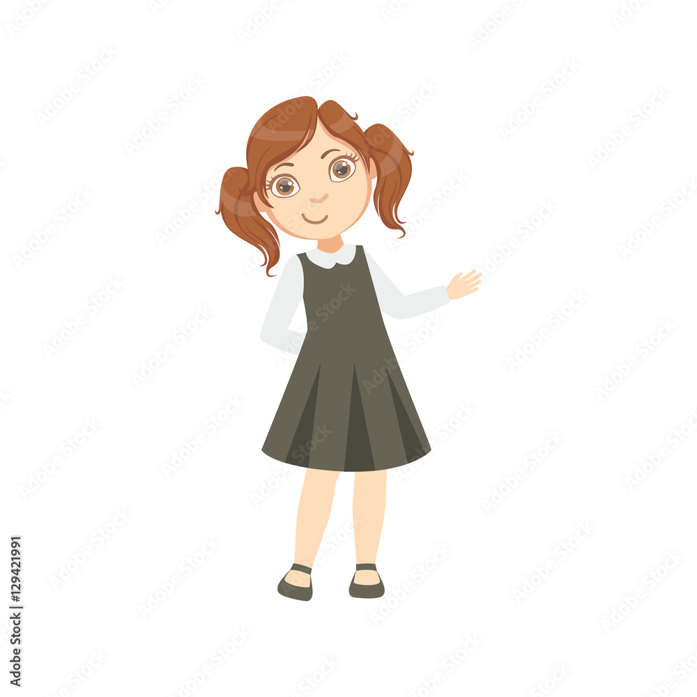 Girl In Black Dress Happy Schoolkid In School Uniform Standing And Smiling Cartoon Character Girl In Black Dress Happy Schoolkid In School Uniform Standing And Smiling Cartoon Character