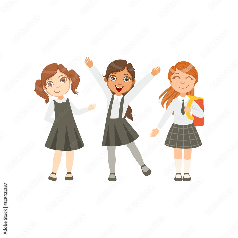 Girls In Black And White Outfits Happy Schoolkids In Similar Collection School Uniforms Standing And Smiling Cartoon Character