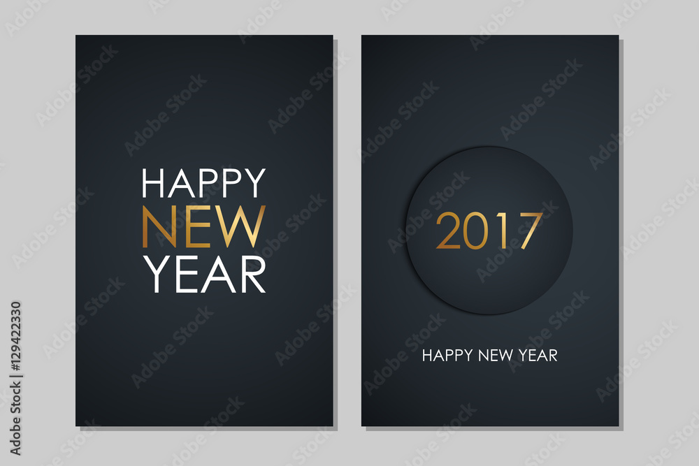 2017 Happy New Year greeting cards with golden colored elements and black background. Vector illustration.