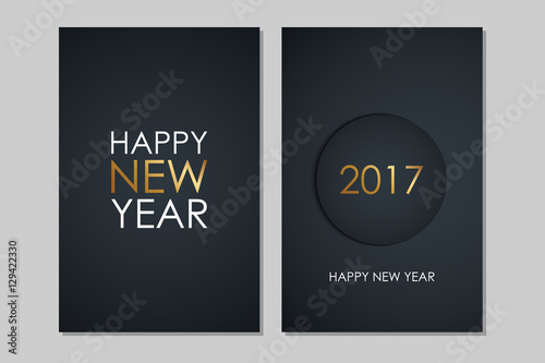2017 Happy New Year greeting cards with golden colored elements and black background. Vector illustration.