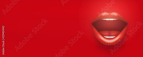 Night club horizontal Banner. Female mouth on Red Background. Party Invitation and flyers. Sexual woman. Vector Illustration.