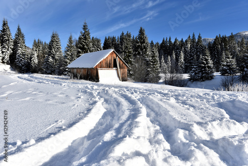 Mountain wooden chalet covered with fresh snow © salajean