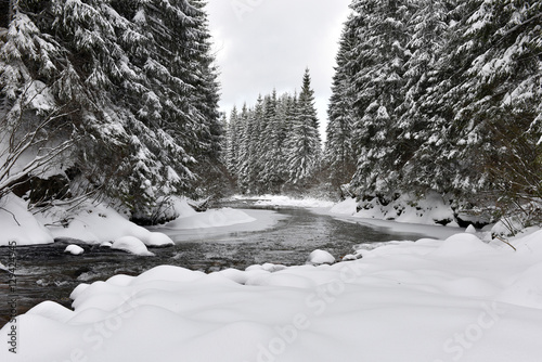 Winter landscape of a small snowy river
