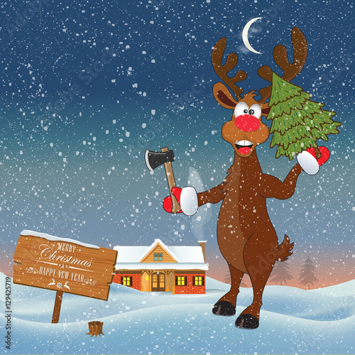 Happy New Year and Merry Christmas. Funny deer with an ax and a Christmas tree in the hands on a background of a brick house and snowfall. Greeting card.
