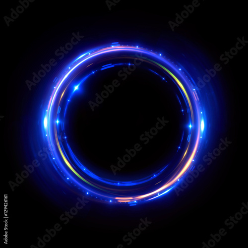 Abstract neon background. luminous swirling bunner. Glowing spiral. Shine round frame with light circles light effect. Glowing cover. Space for your message. Glossy. LED ellipse