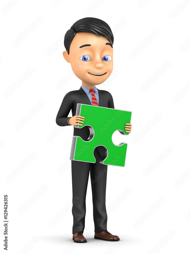 3d business concept. Businessman holding green puzzle on a white 3d business concept. Businessman holding green puzzle on a white