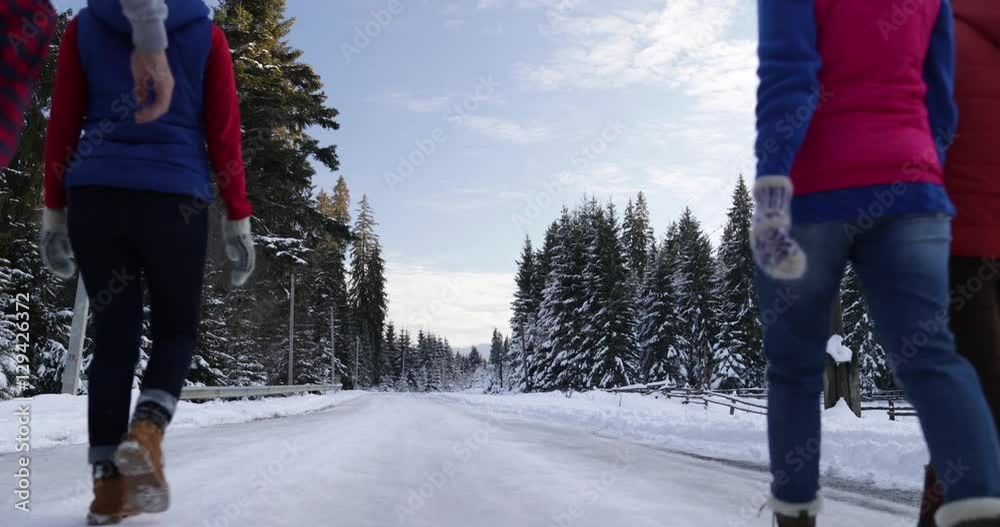 Group Of People Winter Snow Forest Walking Smiling Friends Talking In Snowy Park Slow Motion 60