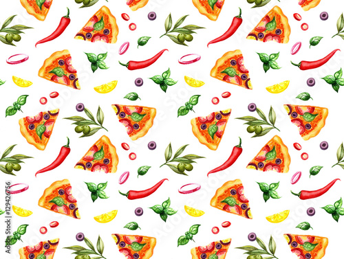 Seamless pattern with watercolor hand drawn pizza, chilli pepper, olives and lemon. Ornament for textile, wrapping, cafe, delivery, menu, snack bar design 