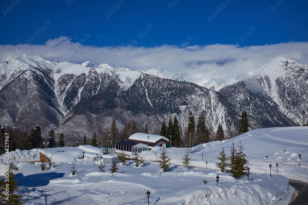 Winter mountains panorama with ski slopes. Caucasus