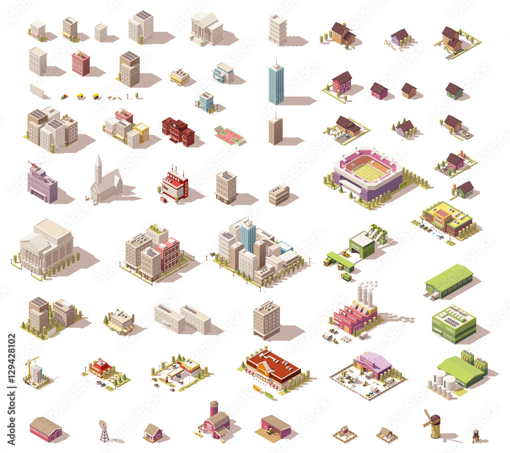 Vector isometric low poly buildings and houses
