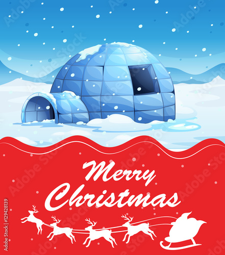 Christmas card template with igloo on snow ground