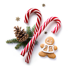 Christmas composition with fir tree branches and holiday ornamen