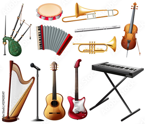 Different types of musical instrument on white