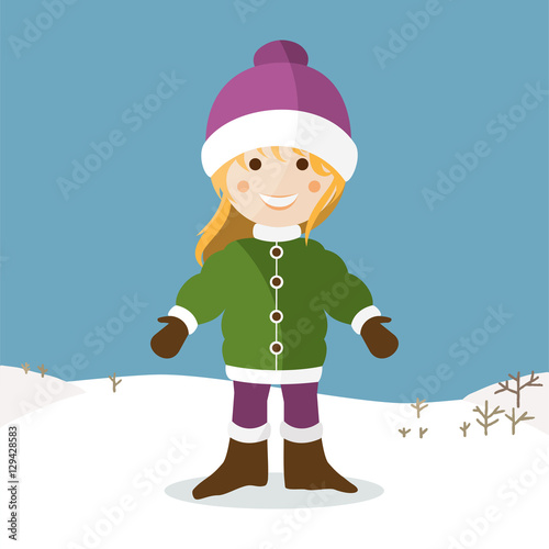 Niña con ropa de invierno sobre un fondo nevado 