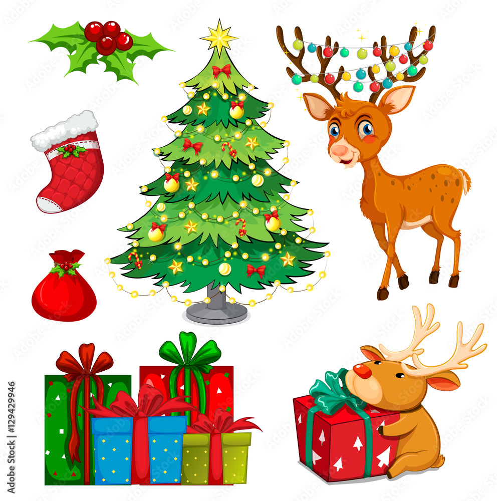 Christmas set with reindeer and christmas tree Christmas set with reindeer and christmas tree
