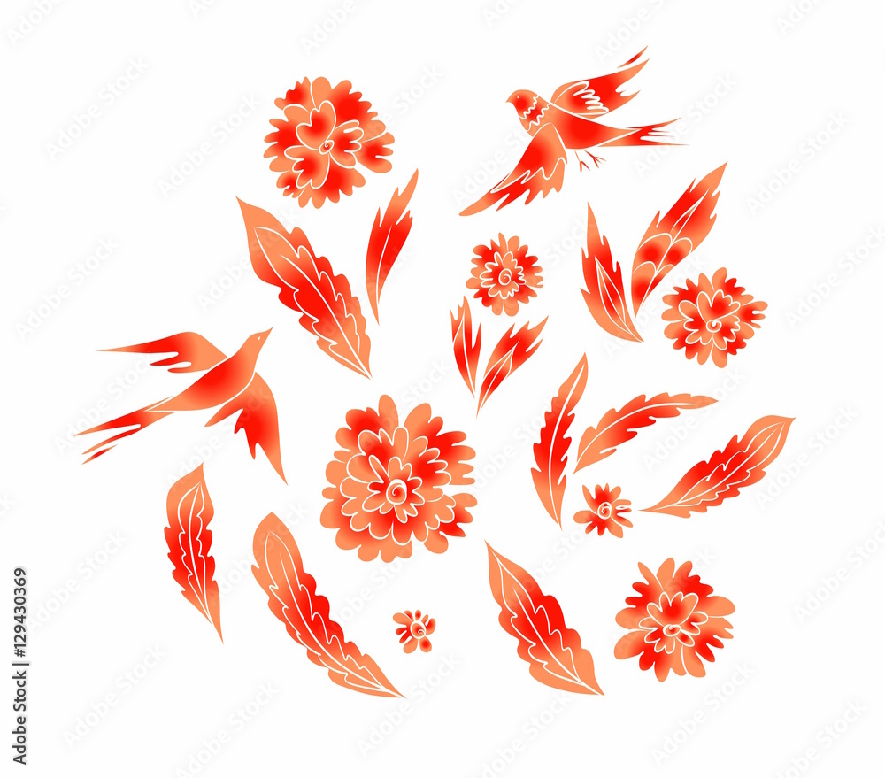 Set of fantasy flowers, leaves and beautiful birds. Colorful floral design elements isolated. Vector illustration hand drawn Set of fantasy flowers, leaves and beautiful birds. Colorful floral design elements isolated. Vector illustration hand drawn