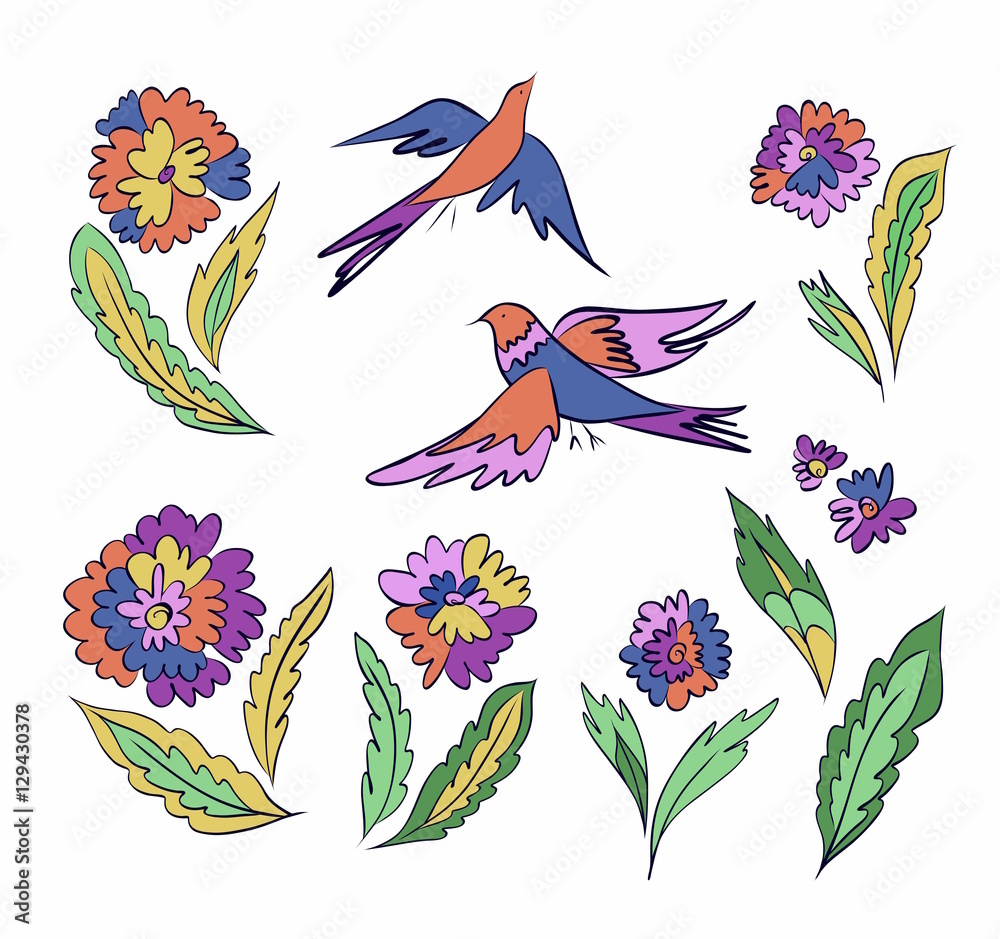 Obraz premium Set of fantasy flowers, leaves and beautiful birds. Colorful floral design elements isolated. Vector illustration hand drawn