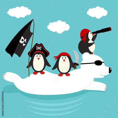 penguins pirates swim on  polar bear  - vector illustration, eps