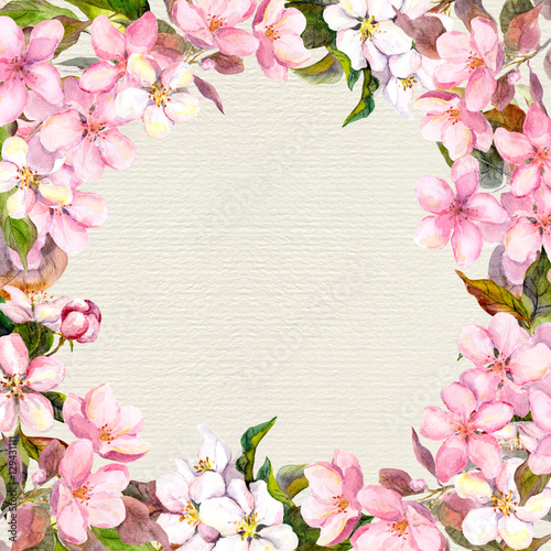 Pink flowers - apple, cherry blossom. Floral frame for greeting card. Watercolour © zzorik