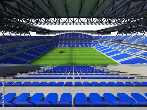 3D render of a large capacity Stadium with an open roof and blue chairs