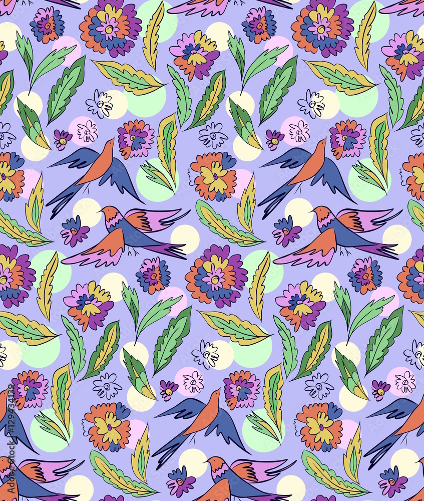 Floral seamless background pattern with flowers and birds. Colorful vector illustration hand drawn. Spring - summer season.
