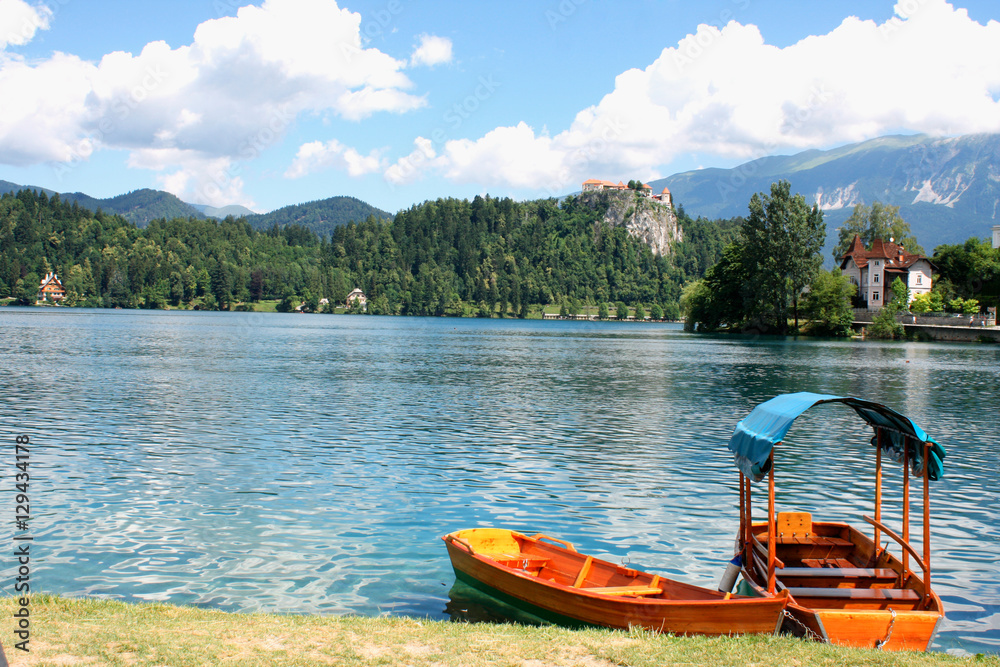 Vintage boats at the Bled coast on famous lake Bled in Slovenia.