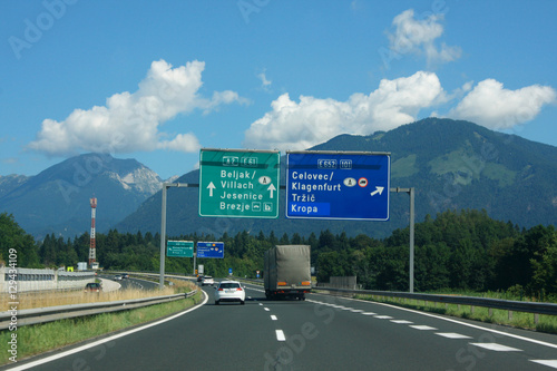 Signs on Highway,  the Slovenian part of Apennines in Europe.