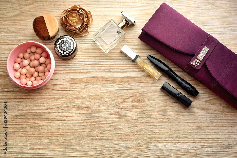 cosmetics on wooden table cosmetics on wooden table