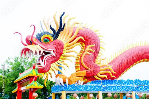 Red Golden Chinese dragon statue in Asia.
