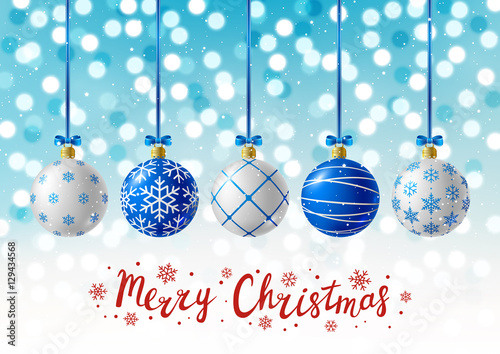 Blue Christmas balls on shiny background