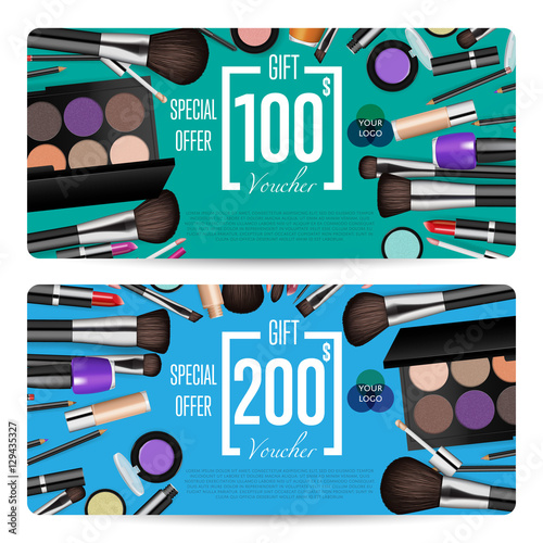 Cosmetics gift voucher template. Gift coupon with fashion makeup accessories and prepaid sum. Makeup brush, powder, lipstick, pencil, polish vectors. Special exclusive offer for cosmetics product sale