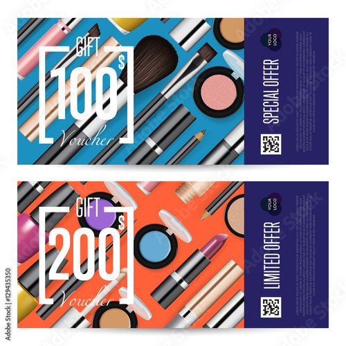 Cosmetics gift voucher template. Gift coupon with fashion makeup accessories and prepaid sum. Makeup brush, powder, lipstick, pencil, polish vectors. Special exclusive offer for cosmetics product sale